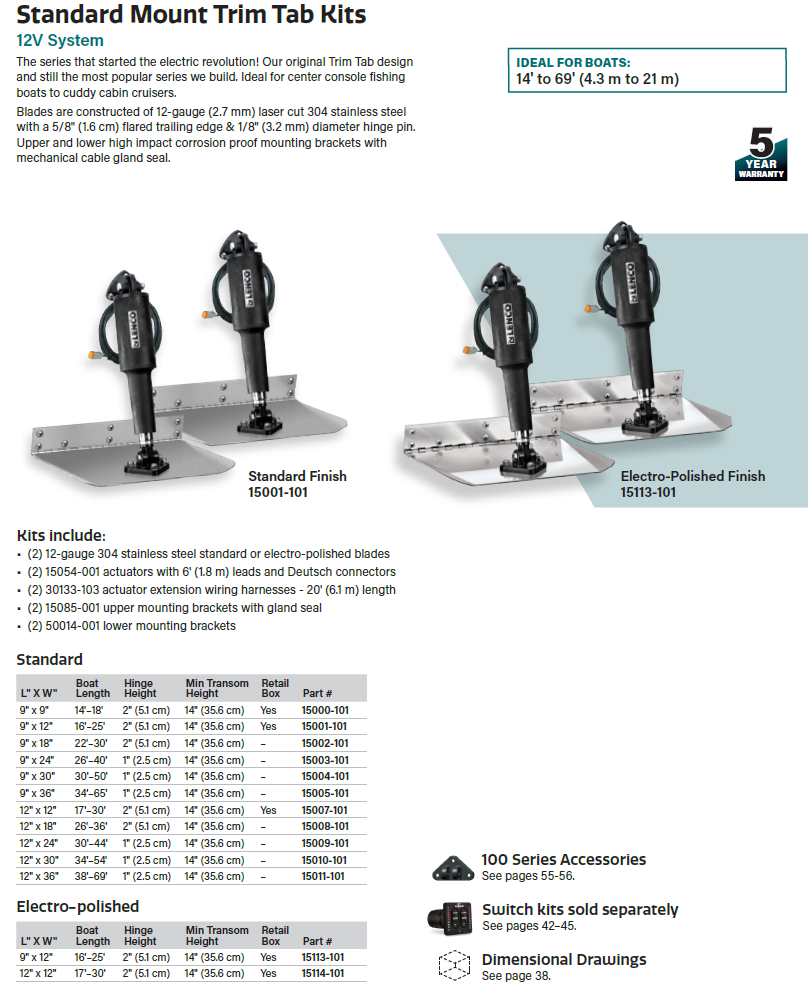 Lenco Standard Mount Trim Tab Kits – 12V Electric Trim Tabs Made of 304 Stainless Steel (Various Sizes)