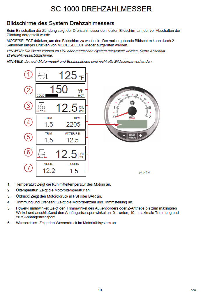 Mercury Smartcraft SC1000 Drehzahlmesser/Tachometer Anleitung